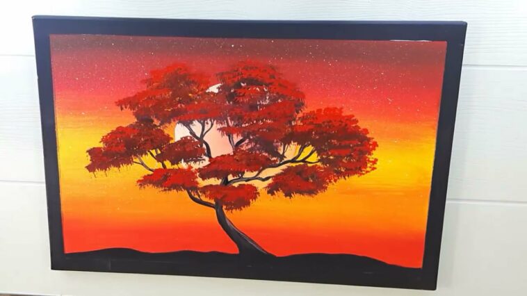 Pintura Acrílica  Árbol en Atardecer