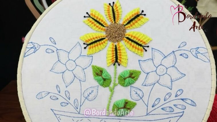 BORDADO FANTASÍA GIRASOL Y HOJAS MARIPOSA | HAND EMBROIDERY EASY STITCH NEW DESIGN