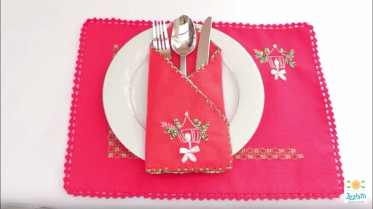 Porta cubiertos Navideño, Bordado a mano con cintas /Embroidery Christmas lantern/ cutlery holder