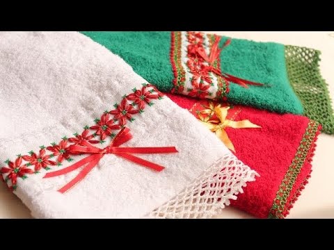 Toalla decorada con bordado en cintas/Bordado español  Navideño/