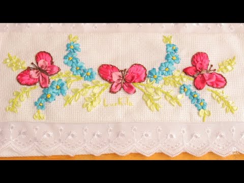 Toalla decorada con mariposas y flores / bordado a mano con cintas / fácil de hacer