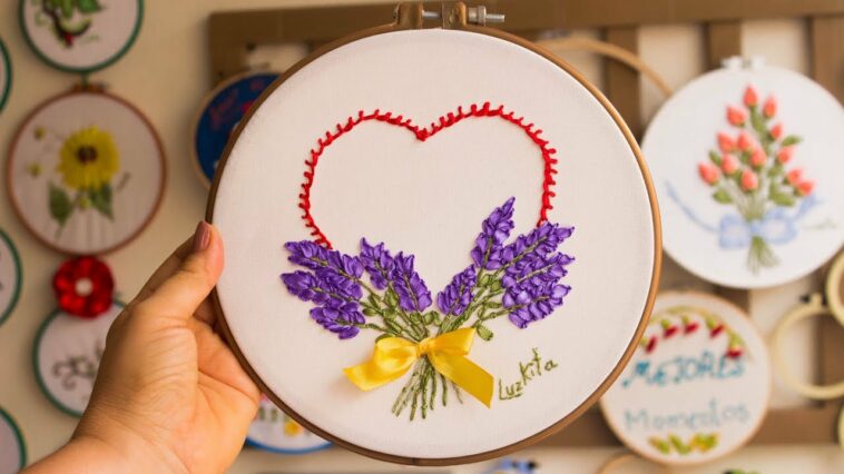 Bordado a mano: flores de lavanda: facil para principiantes/Hand embroidery lavender flowers easy