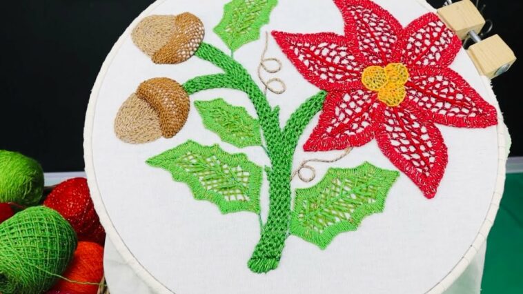 BORDADO FANTASÍA PUNTADA PARA FLORES NOCHEBUENA NAVIDEÑAS | HAND EMBROIDERY EASY STITCH