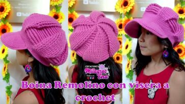 Como tejer Boina N° 28 a crochet con Visera y boton para niñas y mujer en punto Remolino en relieves