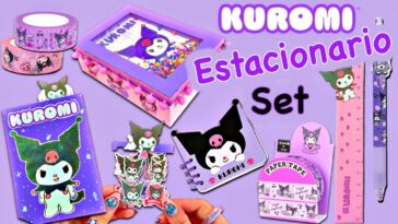 SET ESTACIONARIO HECHO A MANO KUROMI-ÚTILES ESCOLARES SANRIO-CINTA WASHI, PEGATINAS, CUADERNO Y MÁS