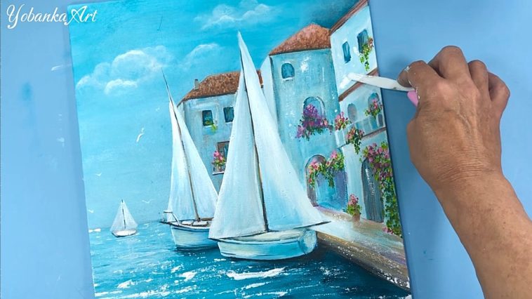 Tutorial de Pintura Acrílica: Marina de Santorini con barcos bajo el sol