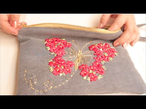 Bolso de mano (clutch) Reutilizando un jean/Bordado a mano con cintas o listón